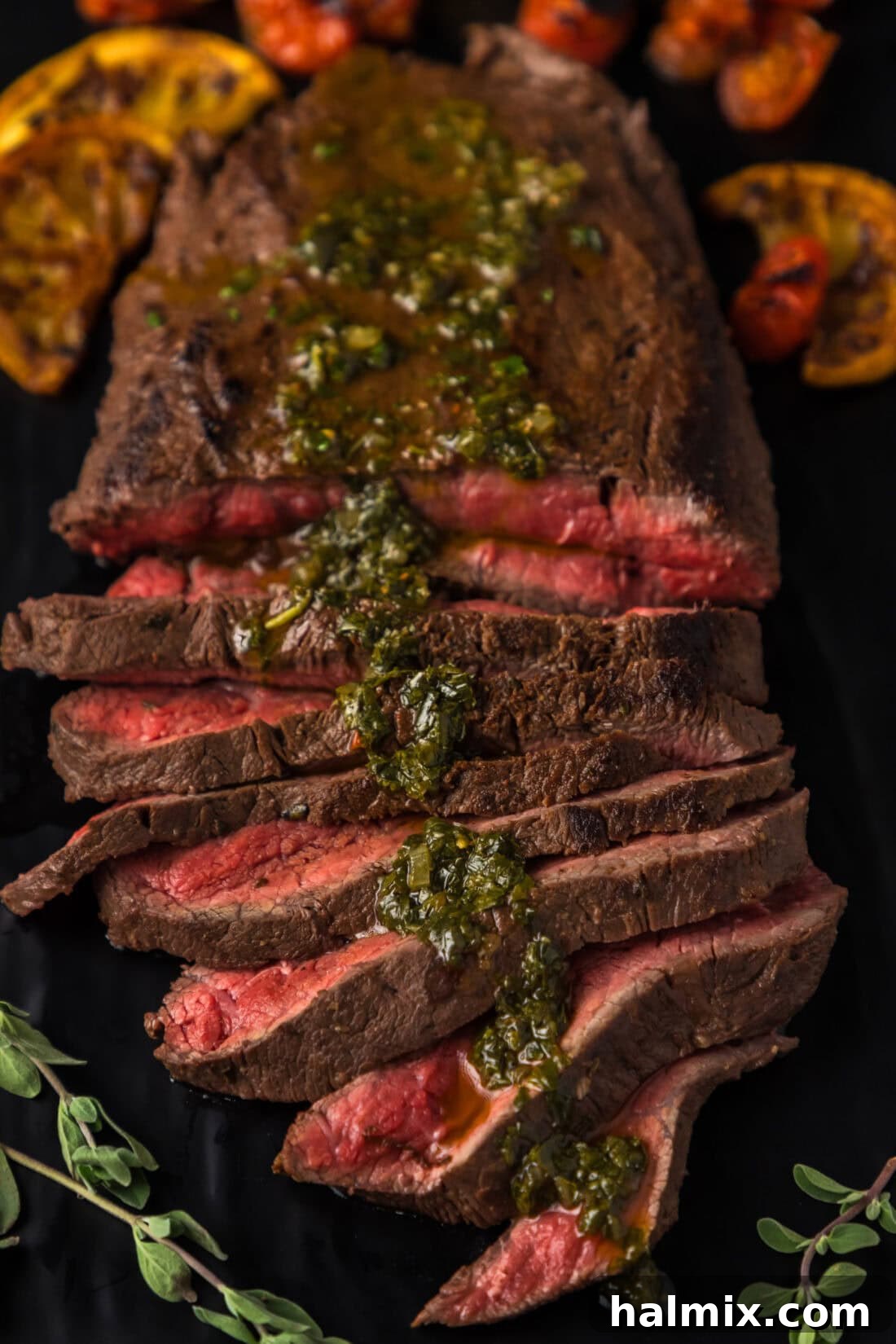 Sliced Flat Iron Steak topped with Chimichurri