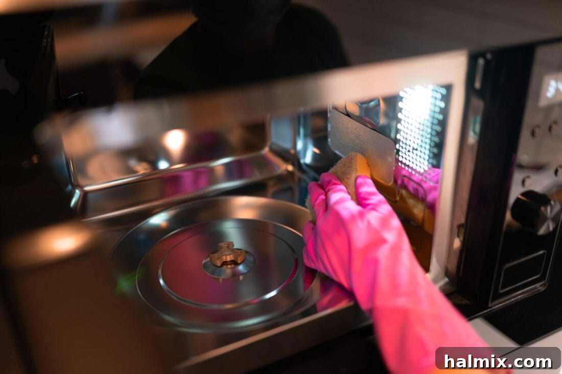 Microwave with food splatters inside