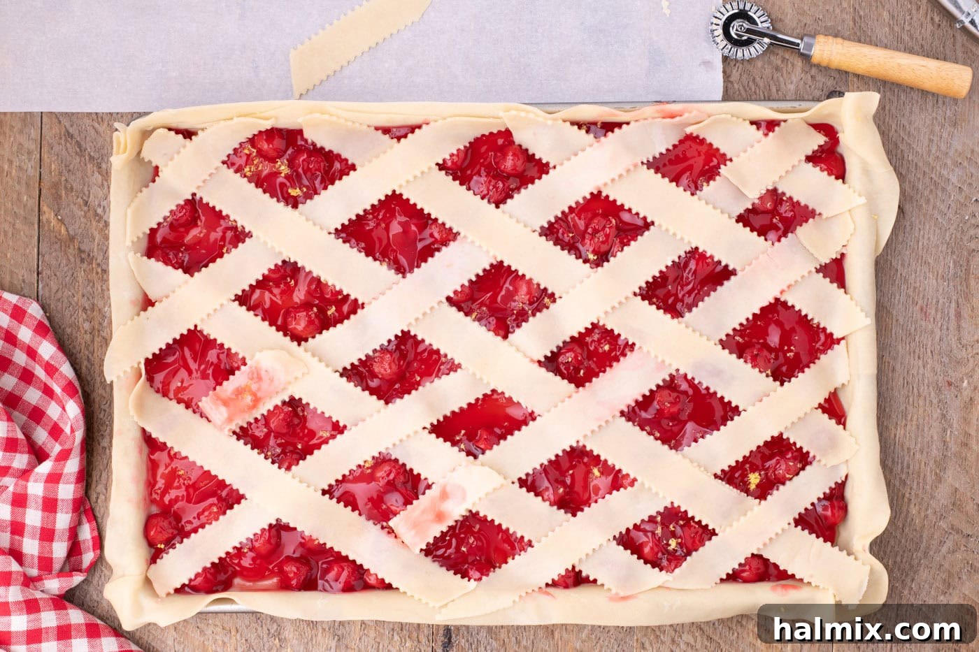 unbaked lattice top cherry slab pie