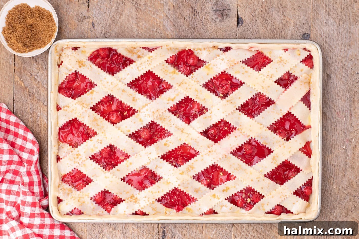 turbinado sugar sprinkled over slab pie