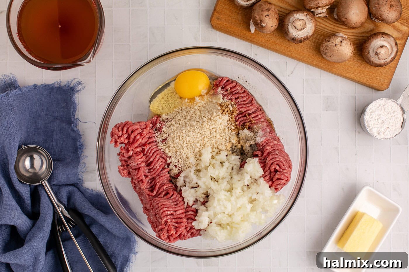 meatball ingredients in a mixing bowl before being mixed
