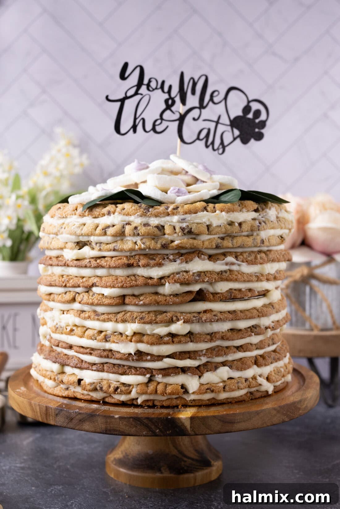 Chocolate Chip Cookie Tower with a cake toppers that says you me and the cats