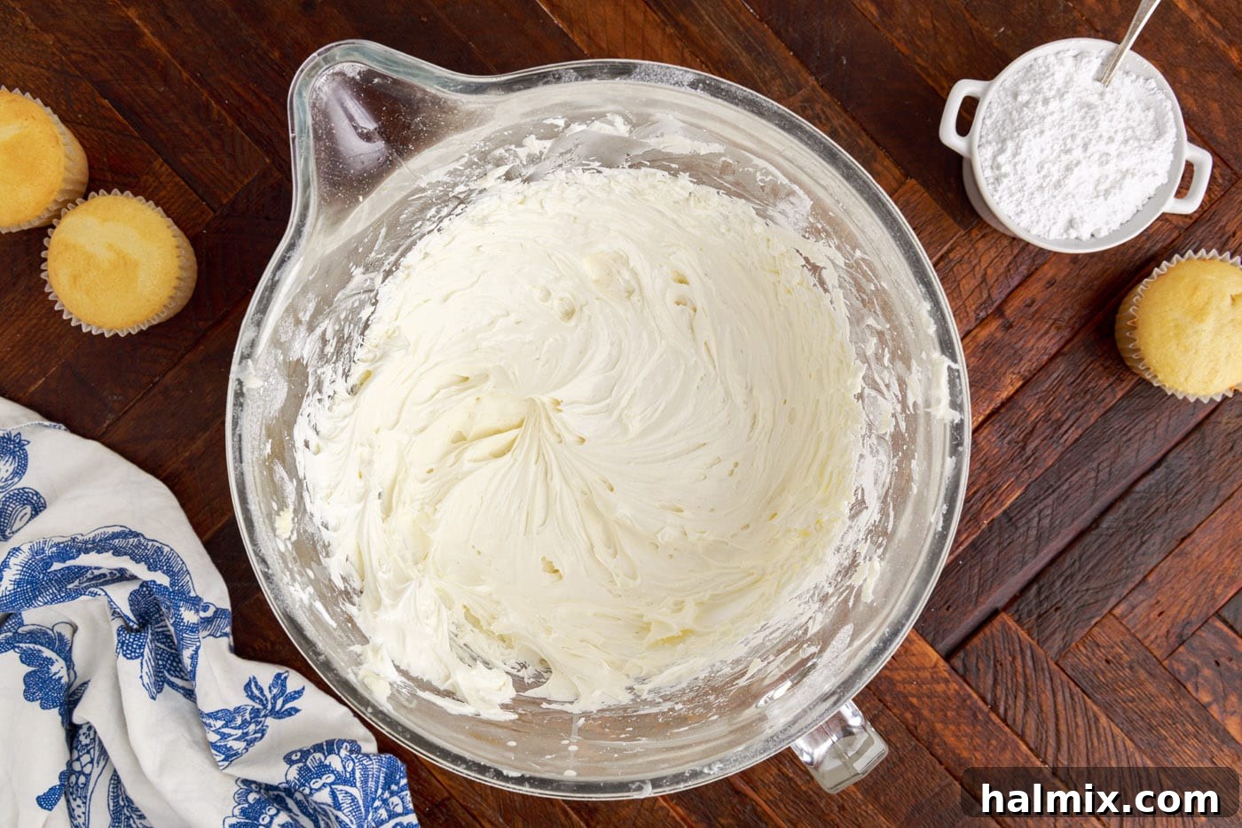 vanilla buttercream frosting in a mixing bowl