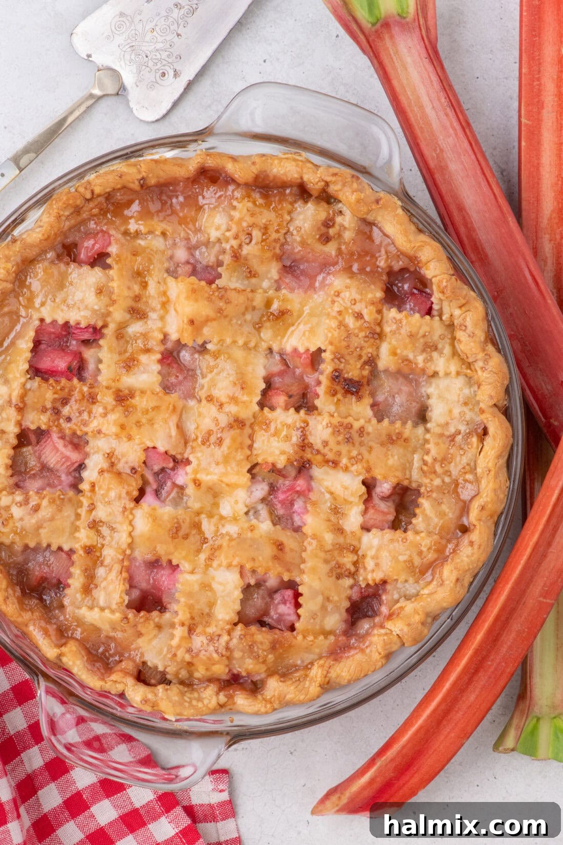 Tangy Rhubarb Delight 2 Close up photo of a Rhubarb Pie with a golden-brown lattice top, sprinkled with turbinado sugar.
