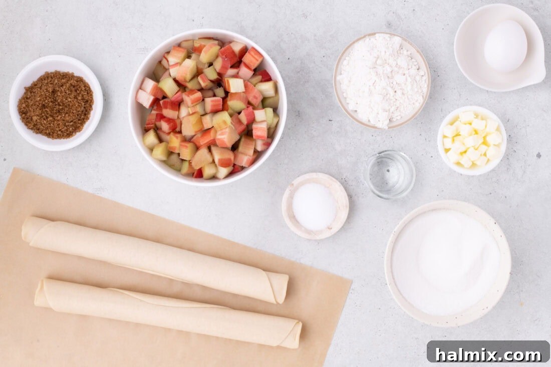 Tangy Rhubarb Delight 4 A flat lay of ingredients for rhubarb pie including chopped rhubarb, pie crusts, sugar, flour, butter, and an egg.