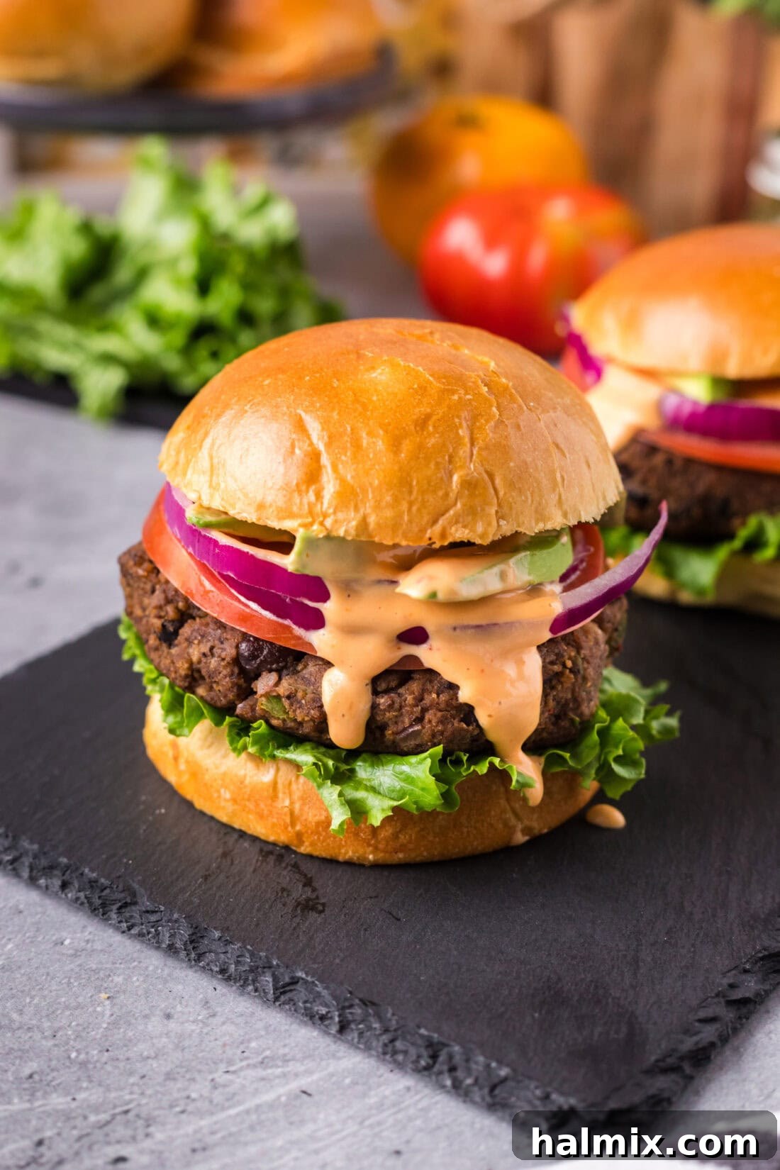Black Bean Burger on a stone serving board