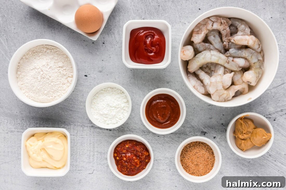Thunder Shrimp 4 All the ingredients for Boom Boom Shrimp laid out neatly on a counter.