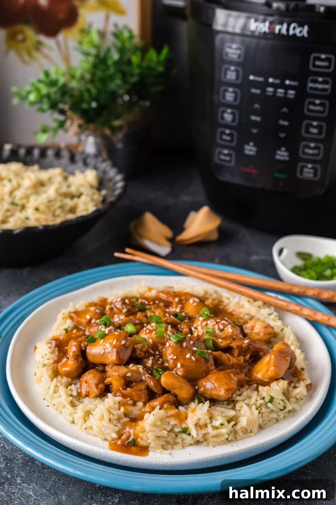 Sweet and Sticky Instant Pot Bourbon Chicken 8 A perfectly plated serving of Instant Pot Bourbon Chicken over a bed of white rice, garnished with fresh green onions and sesame seeds, ready to be enjoyed.
