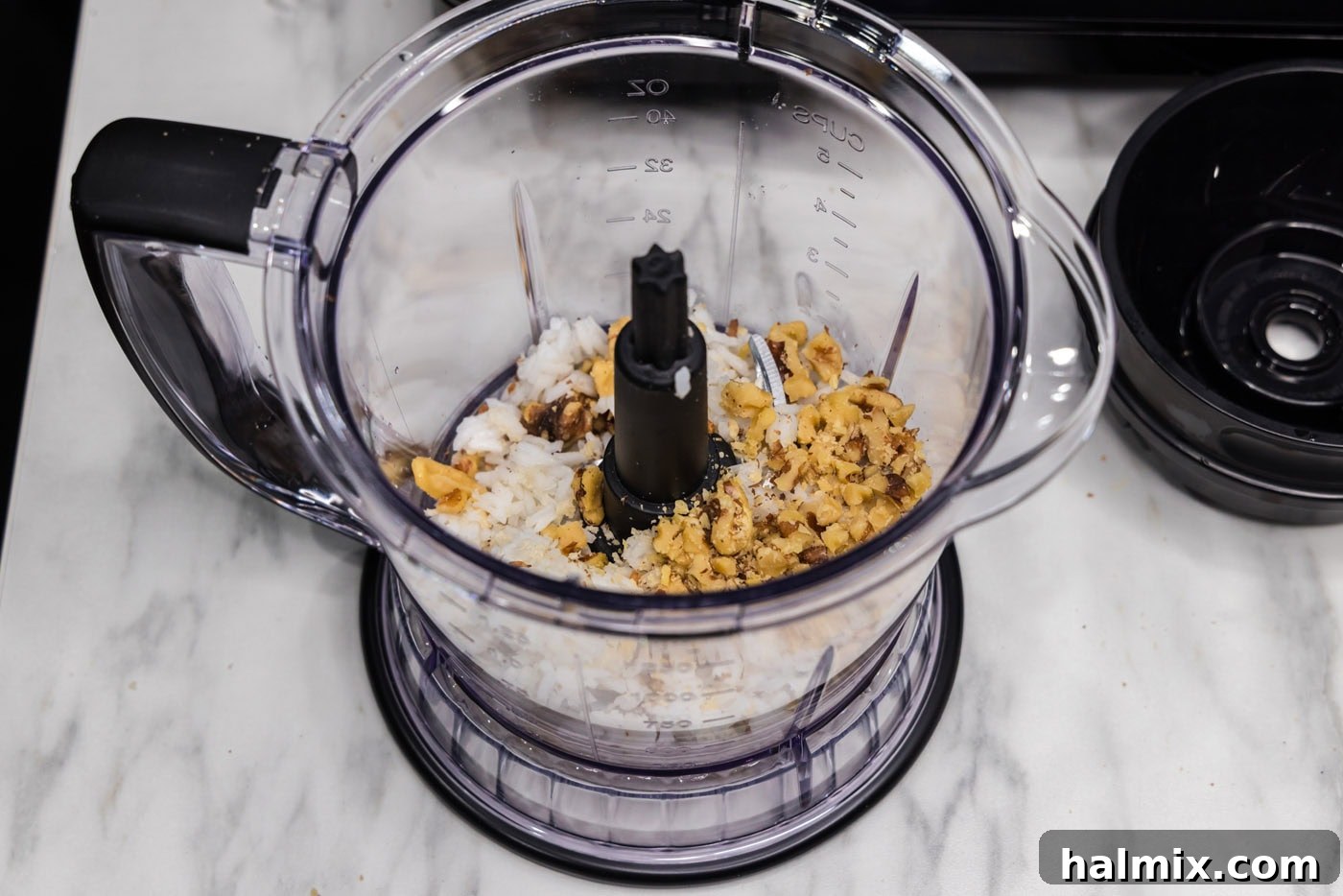 rice and walnuts added to a food processor
