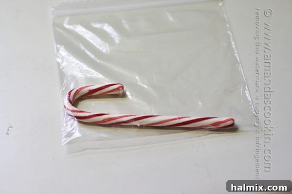 Snowy Peppermint Crescents 8 A photo of a candy cane in a clear bag.