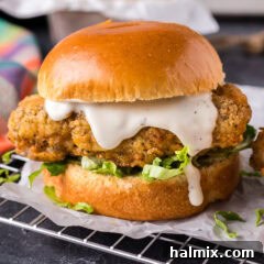 Close up photo of a Crispy Chicken Burger