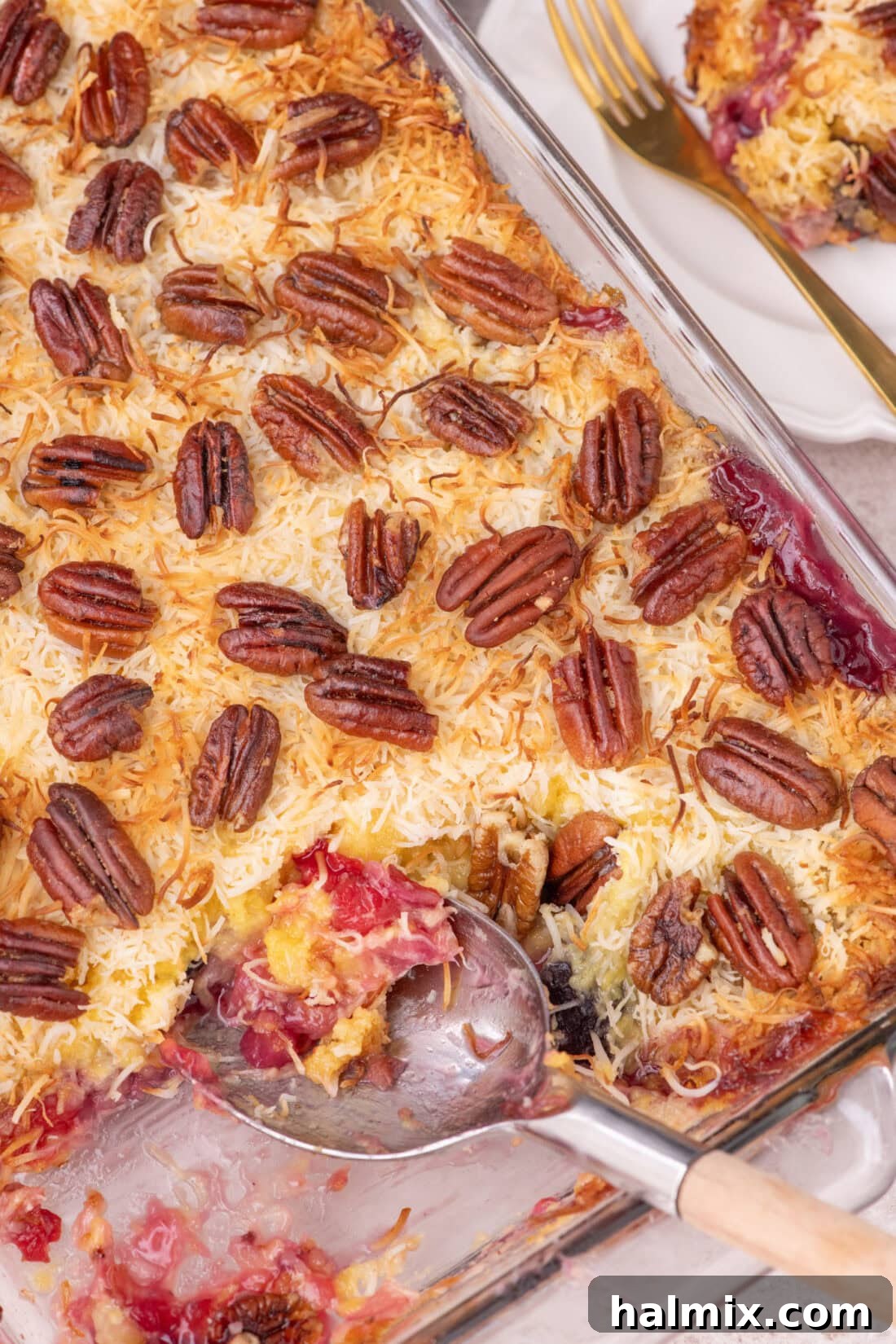 Overhead photo of a Texas Pie with a spoon in it