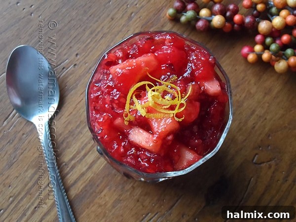 An overhead view of the delightful cranberry orange relish, showcasing its rich texture and beautiful crimson hue, perfect for holiday dining.