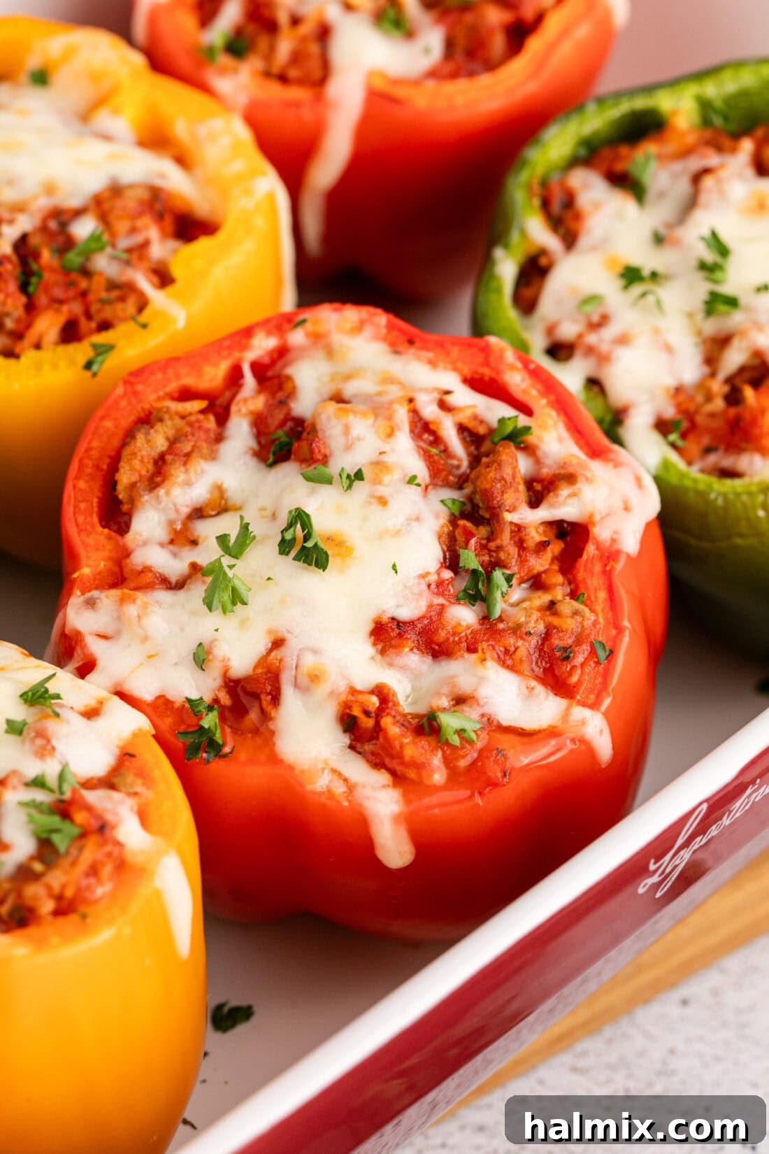 Close up photo of Turkey Stuffed Peppers in a dish