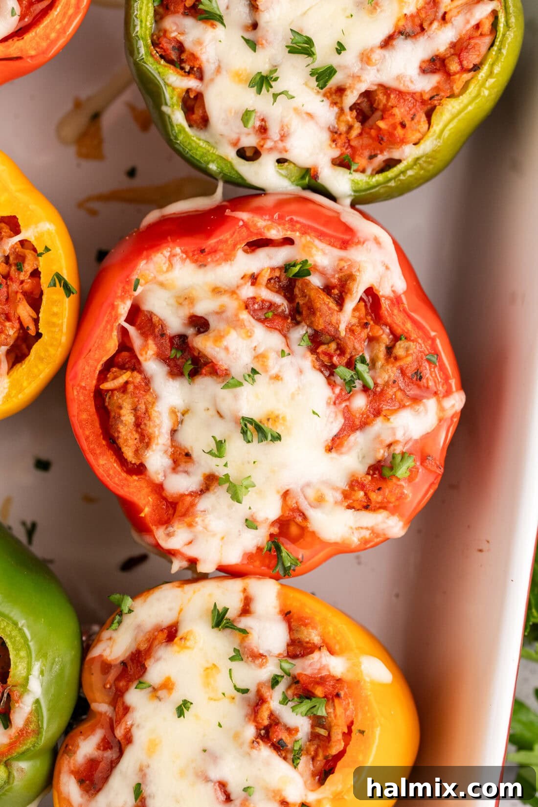 Overhead close up photo of Turkey Stuffed Peppers in a dish