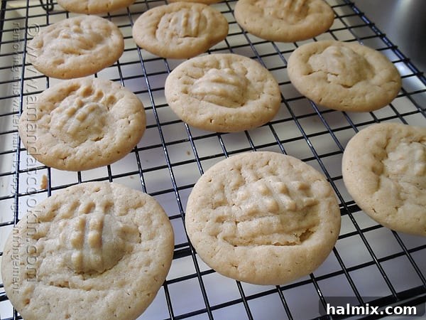 Melting Chocolate Core Peanut Butter Cookies 9 Warm, chocolate stuffed peanut butter cookies with criss-cross patterns, carefully arranged on a wire cooling rack to ensure even cooling and optimal texture after baking.