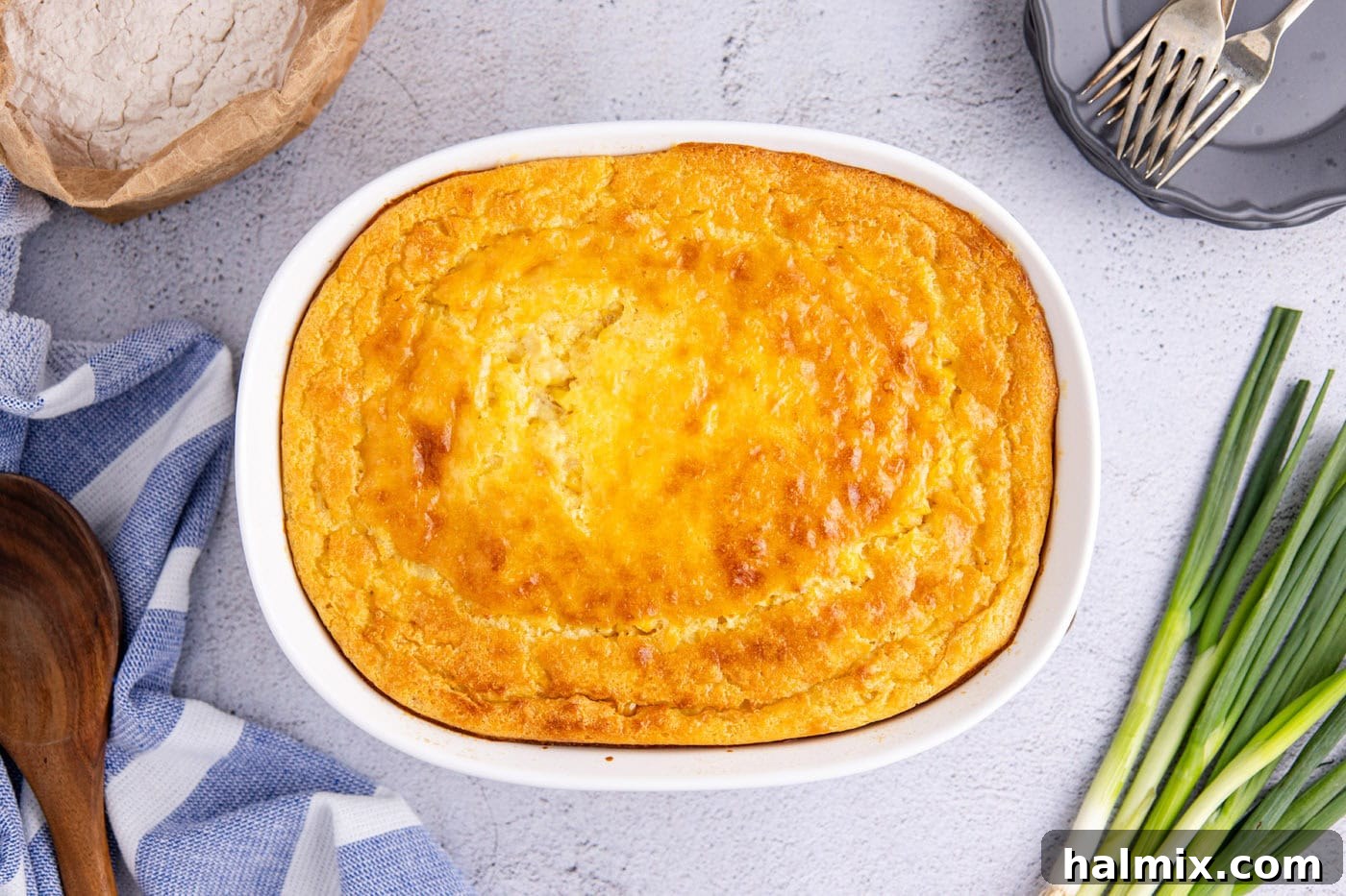 baked corn pudding in a casserole dish
