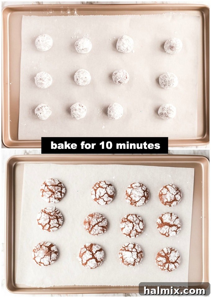 Rich Chocolate Crackle Bites 6 cookies on a baking sheet