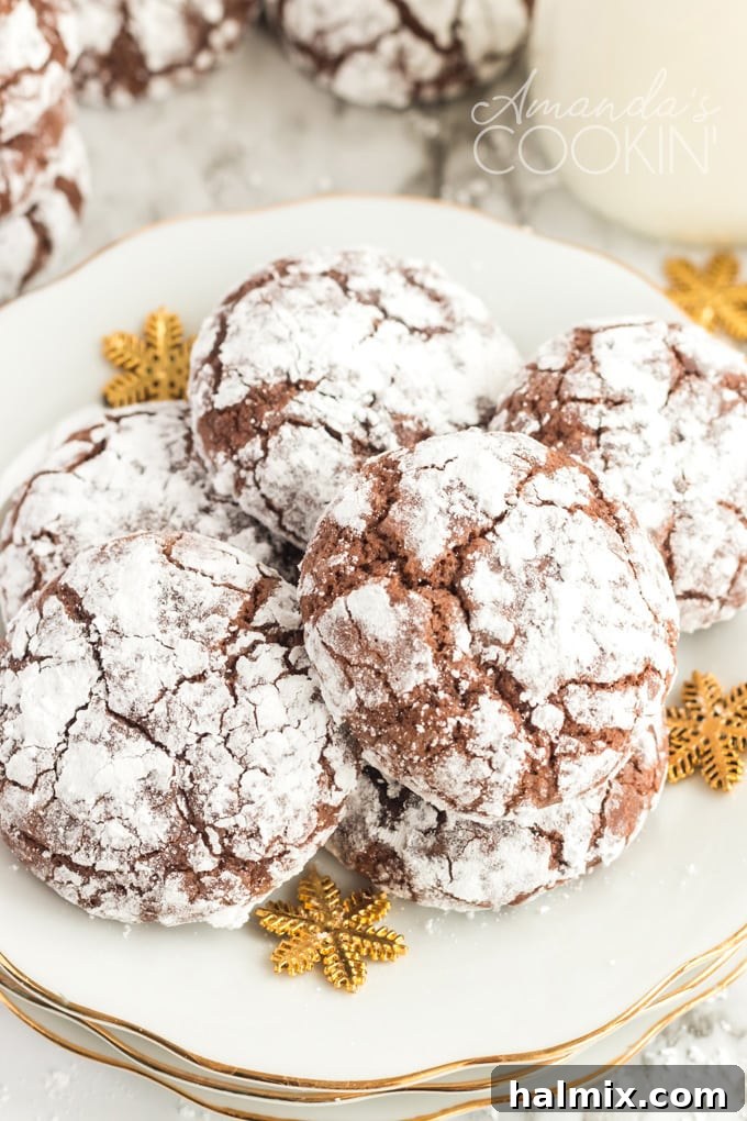 These chocolate snow cookies taste just like powdered sugar dusted brownies! The crinkled tops make them look like they're topped with snow. Perfect for the holidays! #chocolatecookies #snowcookies #christmascookies #browniecookies #powderedsugar #softcookies plate of chocolate crinkle cookies