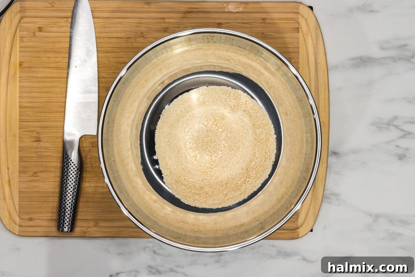Finely blended panko breadcrumbs in a bowl, ready for coating.