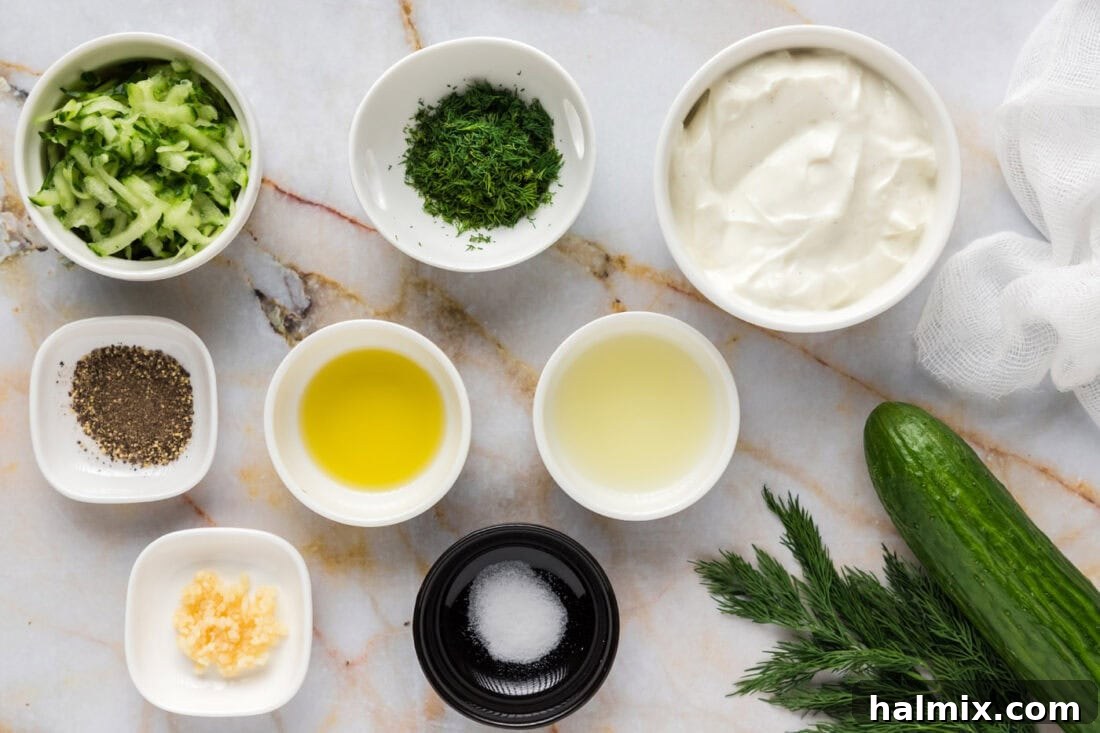 A flat lay of fresh ingredients for Tzatziki Sauce, including a whole English cucumber, a container of Greek yogurt, a bunch of fresh dill, garlic cloves, and a lemon, neatly arranged on a rustic surface, highlighting their natural appeal.