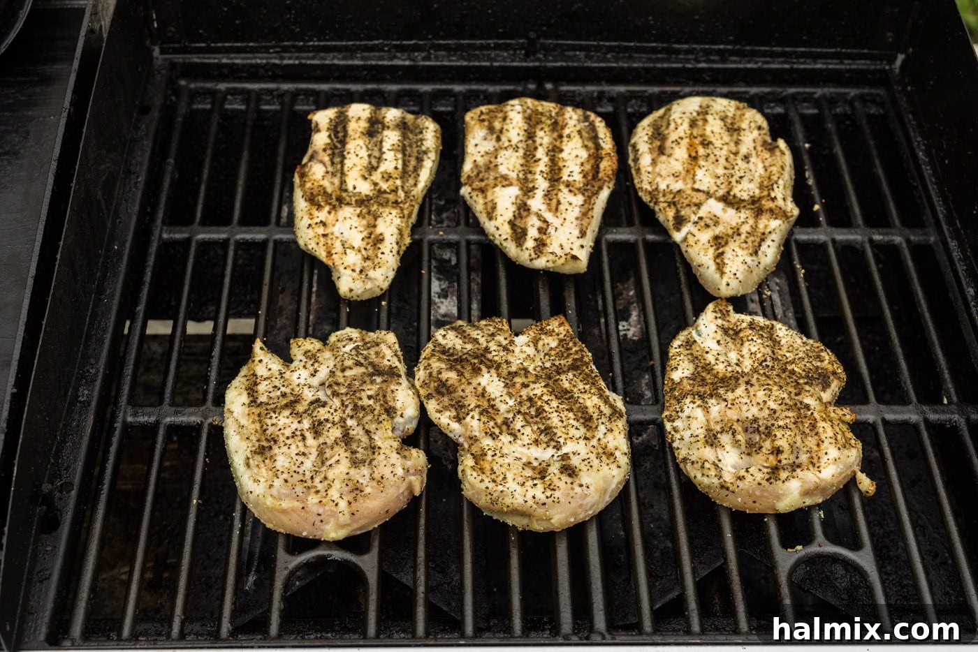 Close-up of a perfectly cooked chicken breast with distinct grill marks on the grill grate
