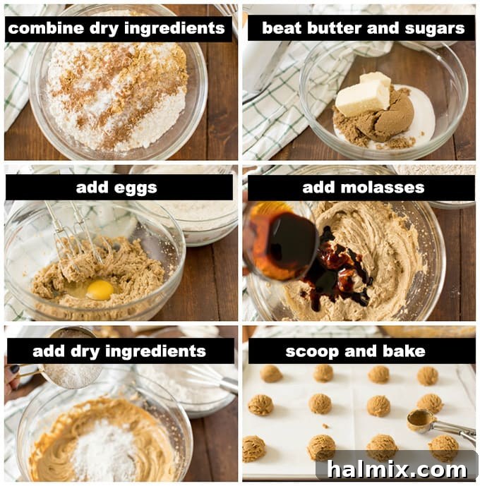 A visual guide showing three stages of preparing gingersnap cookies, from mixing ingredients to shaping dough balls on a baking sheet.