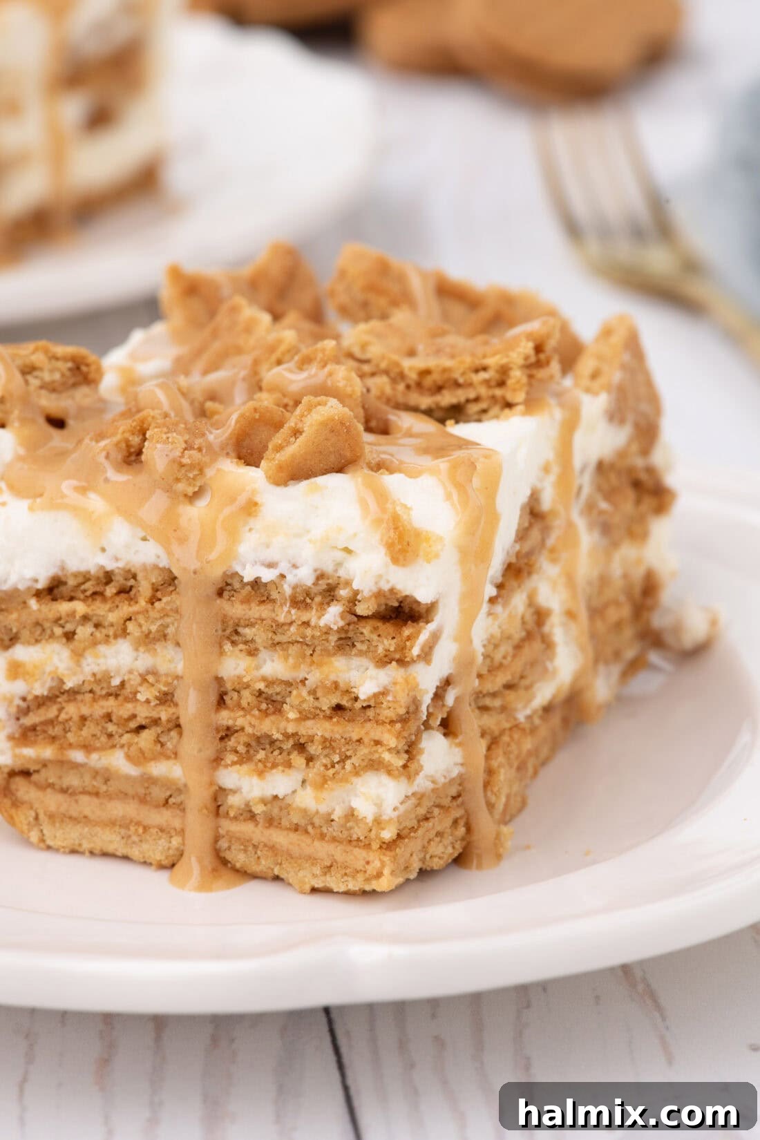 Nutter Butter Dream Cake 2 Close up photo of a slice of Nutter Butter Icebox Cake