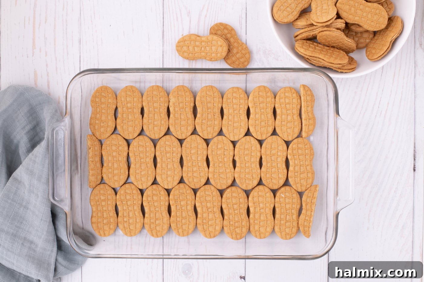Nutter Butter Dream Cake 5 nutter butter cookies lined in a baking dish