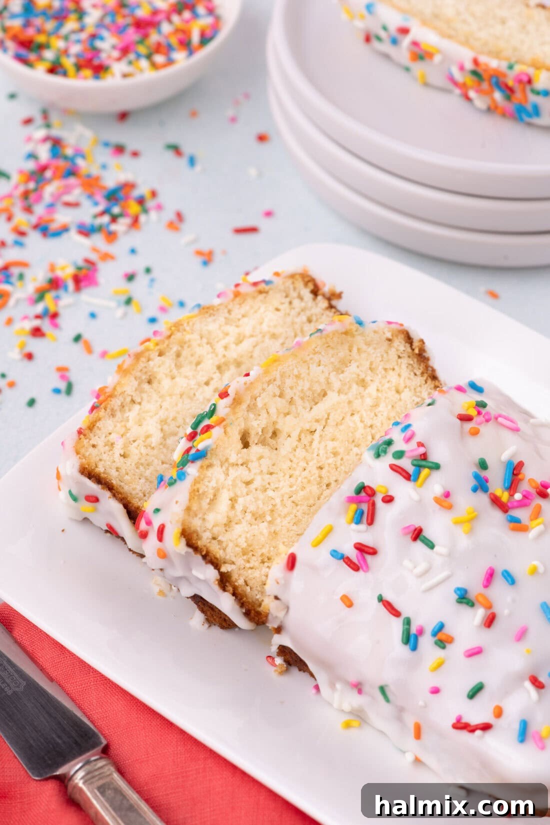 Magic Ice Cream Loaf 2 Ice Cream Bread on a plate with two slices cut
