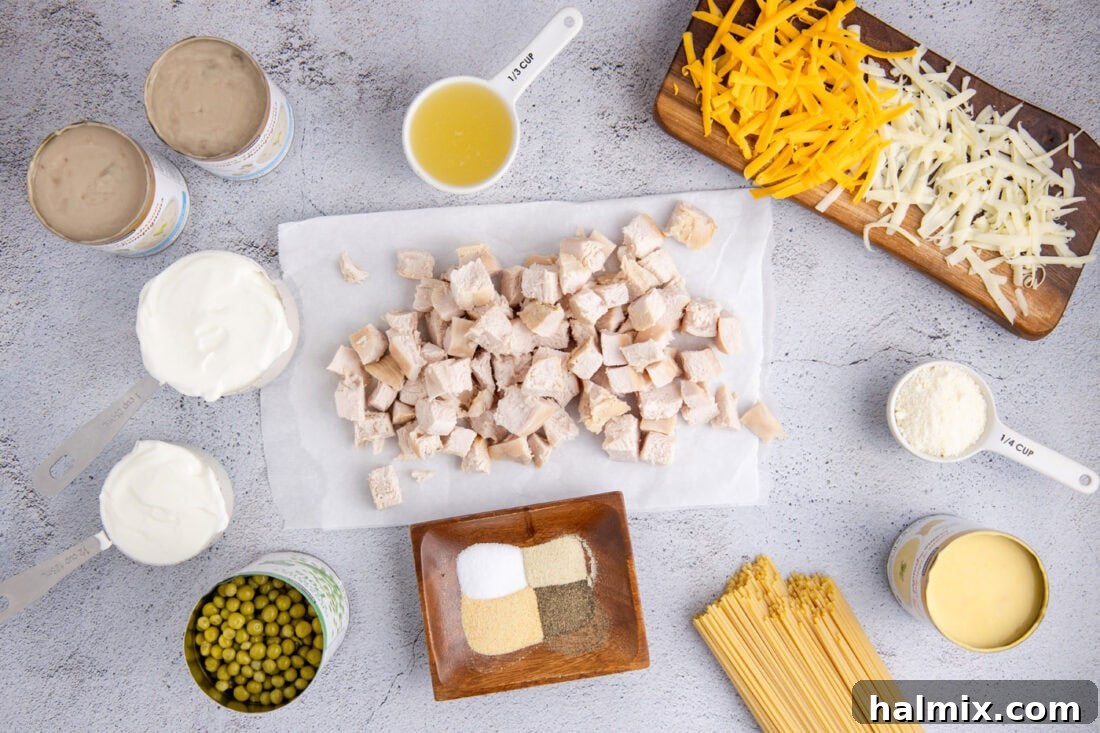 Assortment of fresh ingredients for Turkey Tetrazzini, including pasta, canned soups, peas, sour cream, and spices laid out on a table.