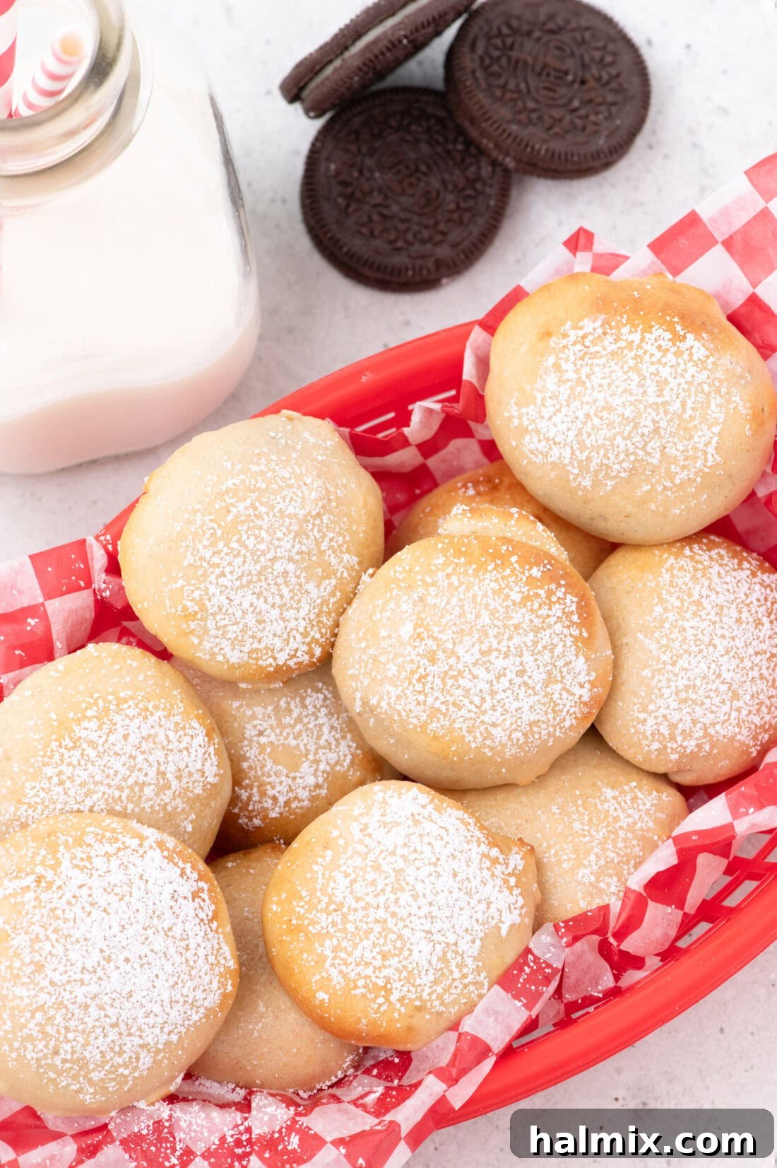 Air Fryer Oreo Magic 3 Basket of golden brown, fluffy Air Fryer Oreos, freshly cooked