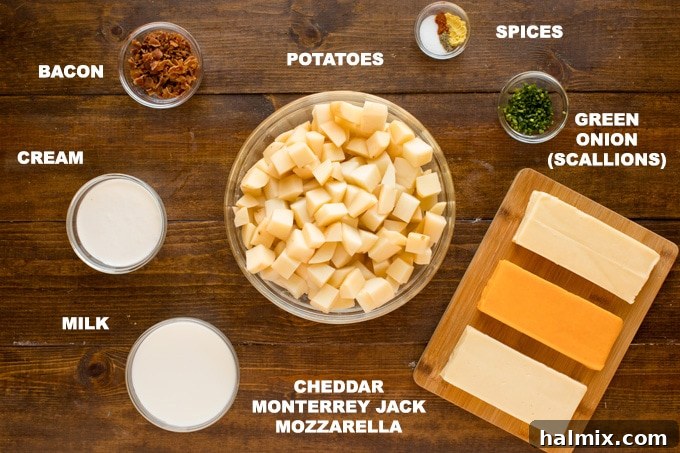 All the fresh ingredients for homemade bacon and three-cheese potatoes neatly arranged on a rustic wooden board, including potatoes, cheese blocks, milk, cream, and spices.