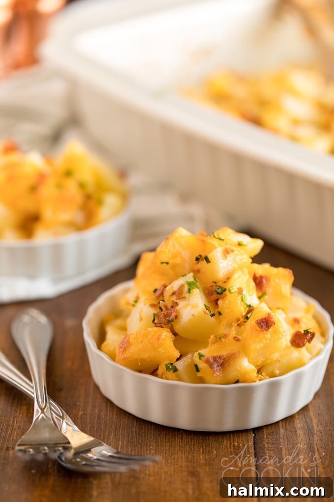 A small, individual serving dish of golden-brown three-cheese potatoes, garnished with green chives, showcasing a perfectly baked portion.