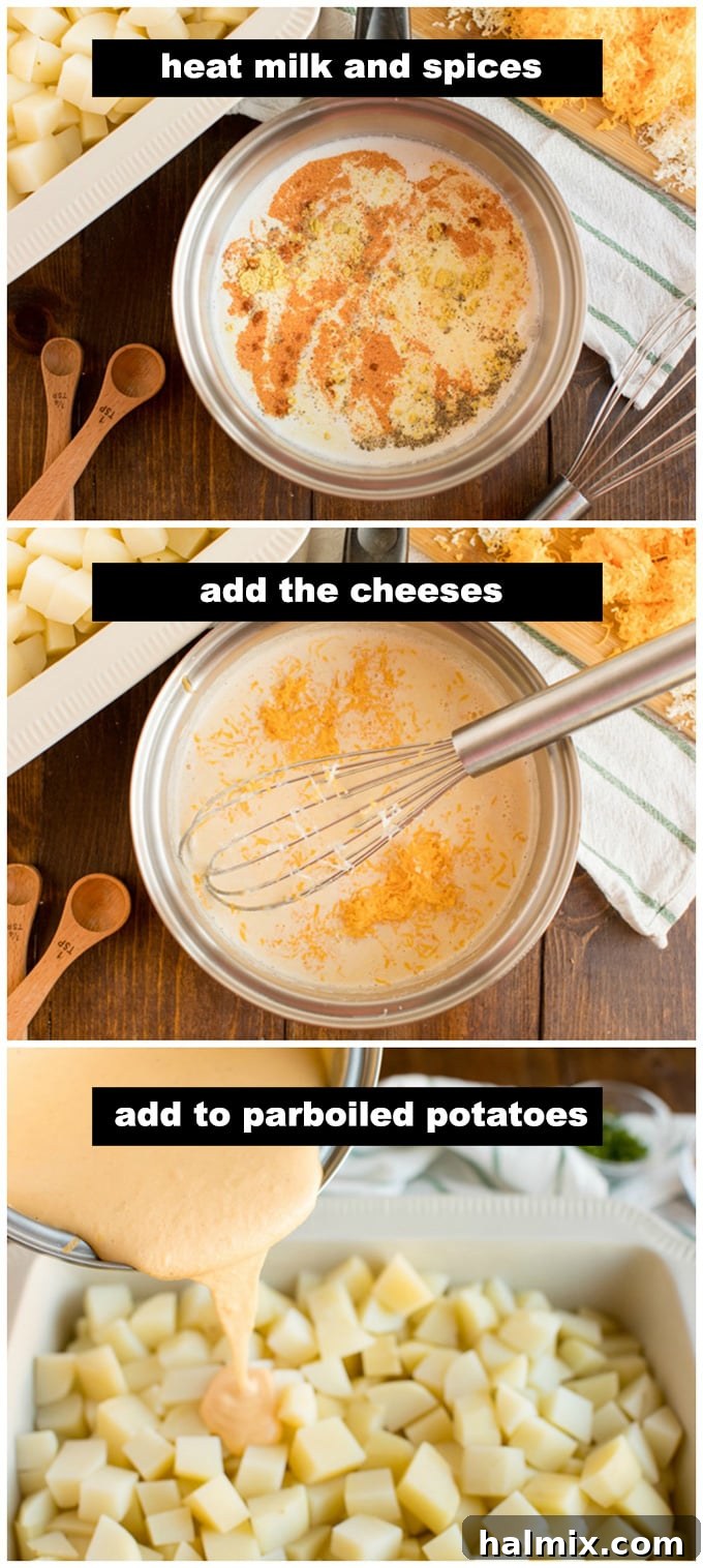 A creamy, golden cheese sauce being stirred with a whisk in a saucepan, showing its smooth and melted texture before being poured over potatoes.