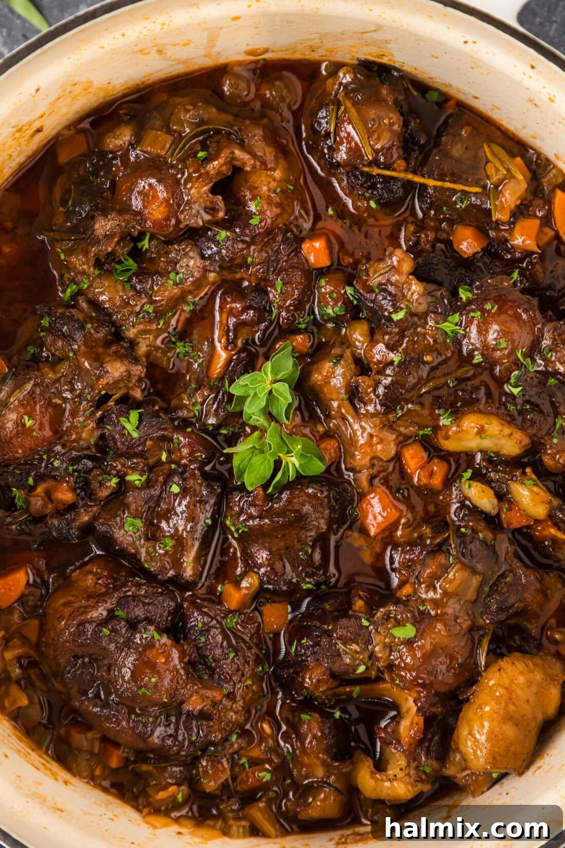 Fork-Tender Oxtail 2 Close up photo of a pot of Braised Oxtail