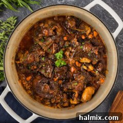Overhead photo of a pot of Braised Oxtail