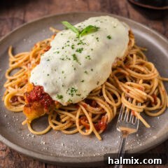Close-up of a Chicken Parmesan serving in a small bowl.