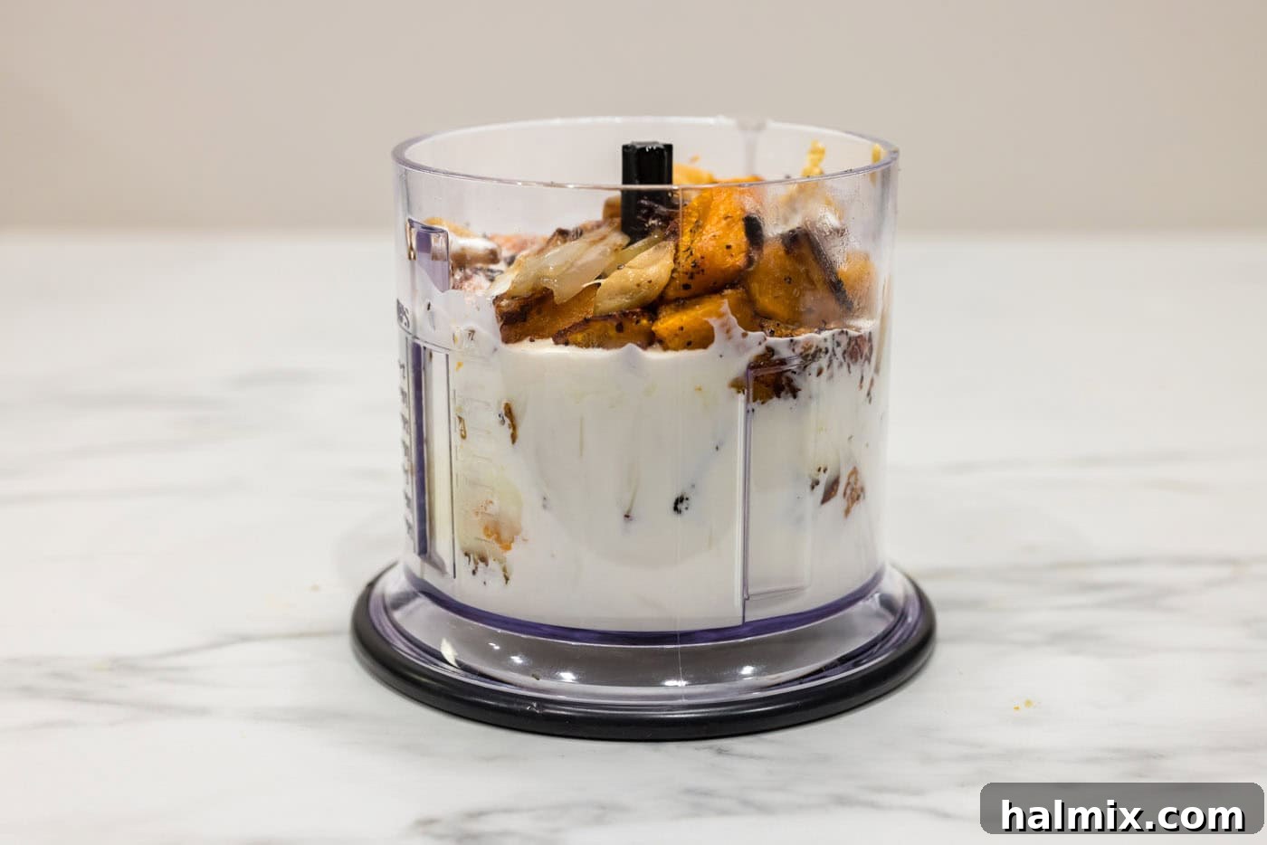 Velvety Butternut Squash Pasta 11 half and half added to mini chopper with squash, broth, and shallots