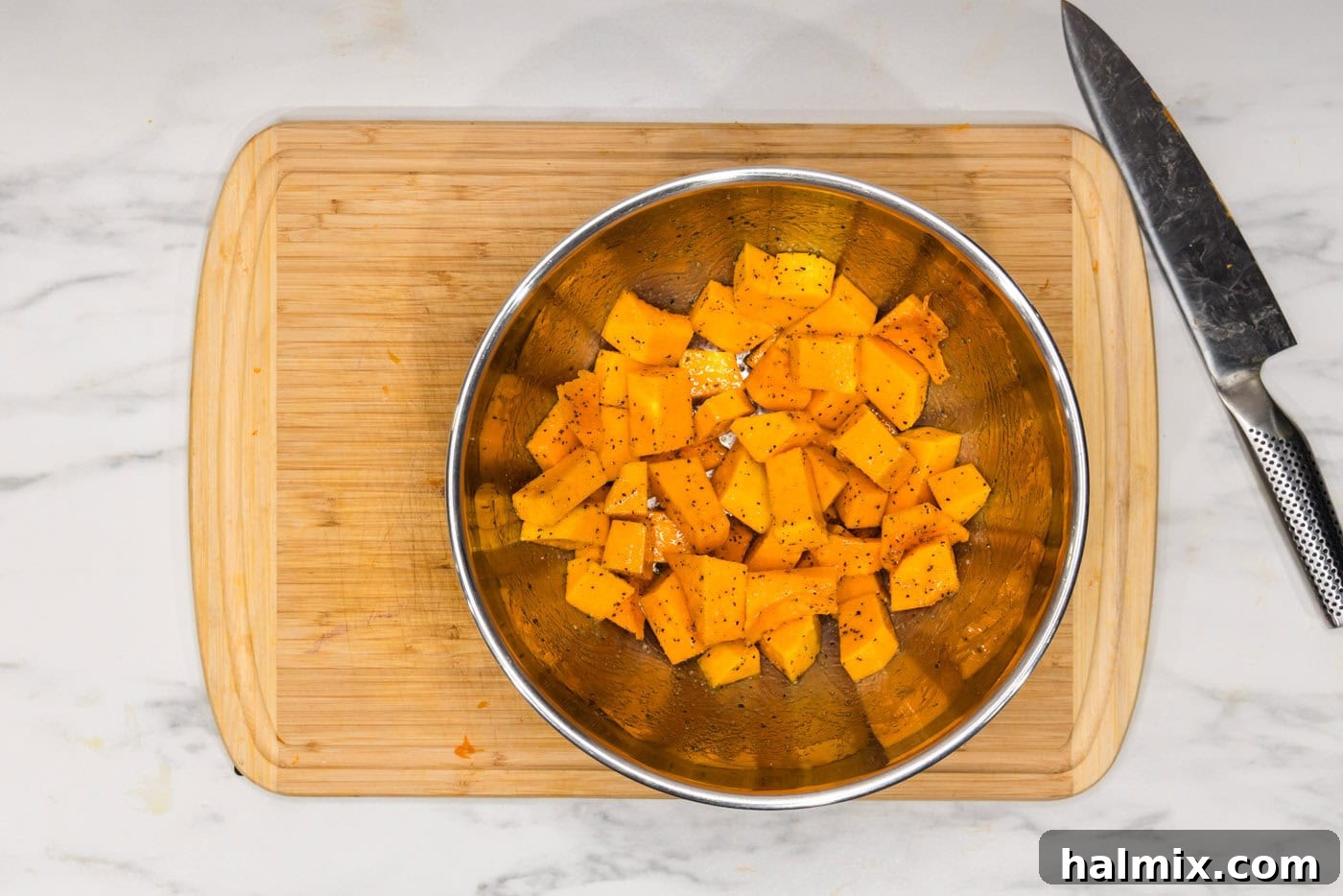 Velvety Butternut Squash Pasta 7 cubed butternut squash in a mixing bowl