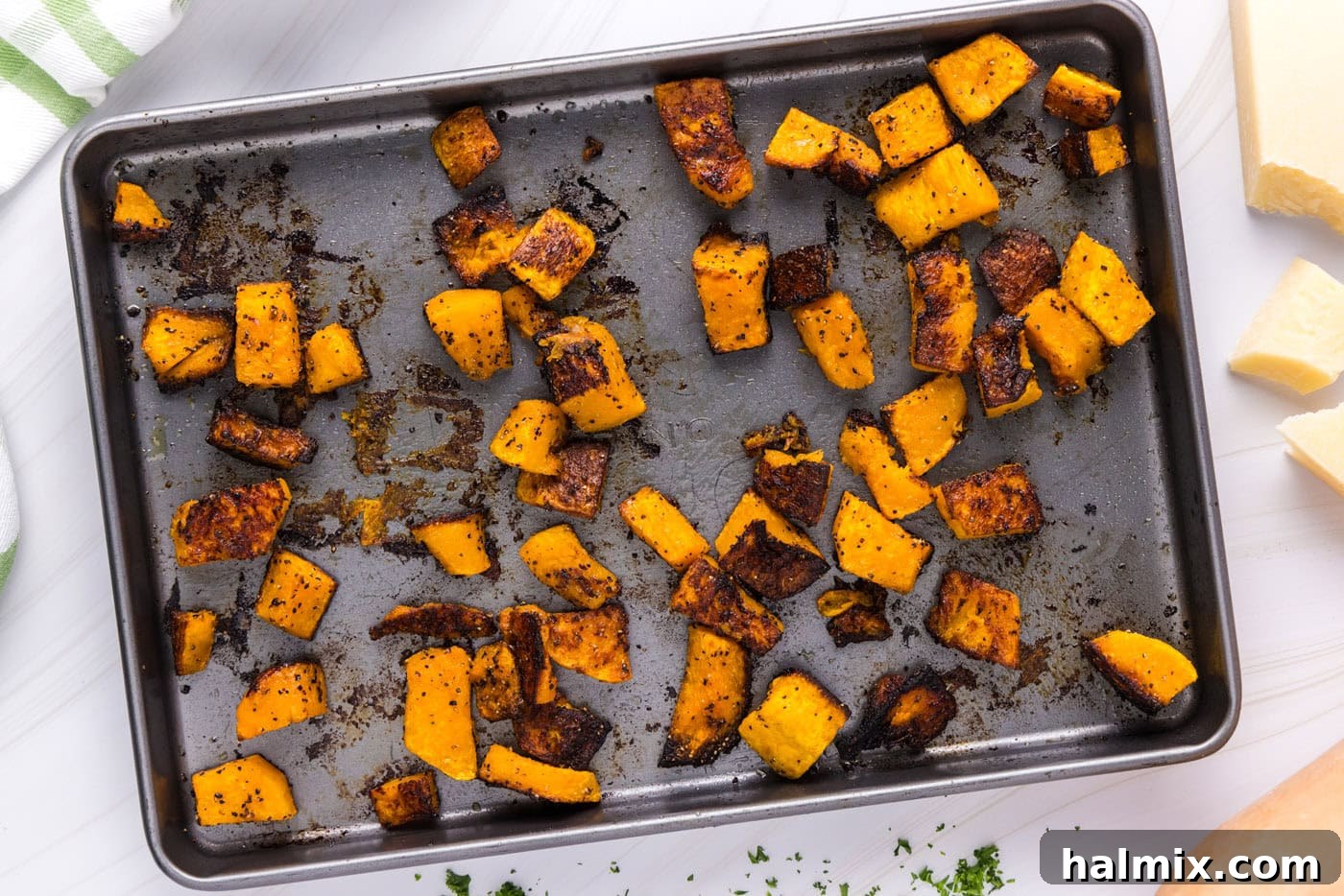 Velvety Butternut Squash Pasta 9 roasted butternut squash on a baking sheet