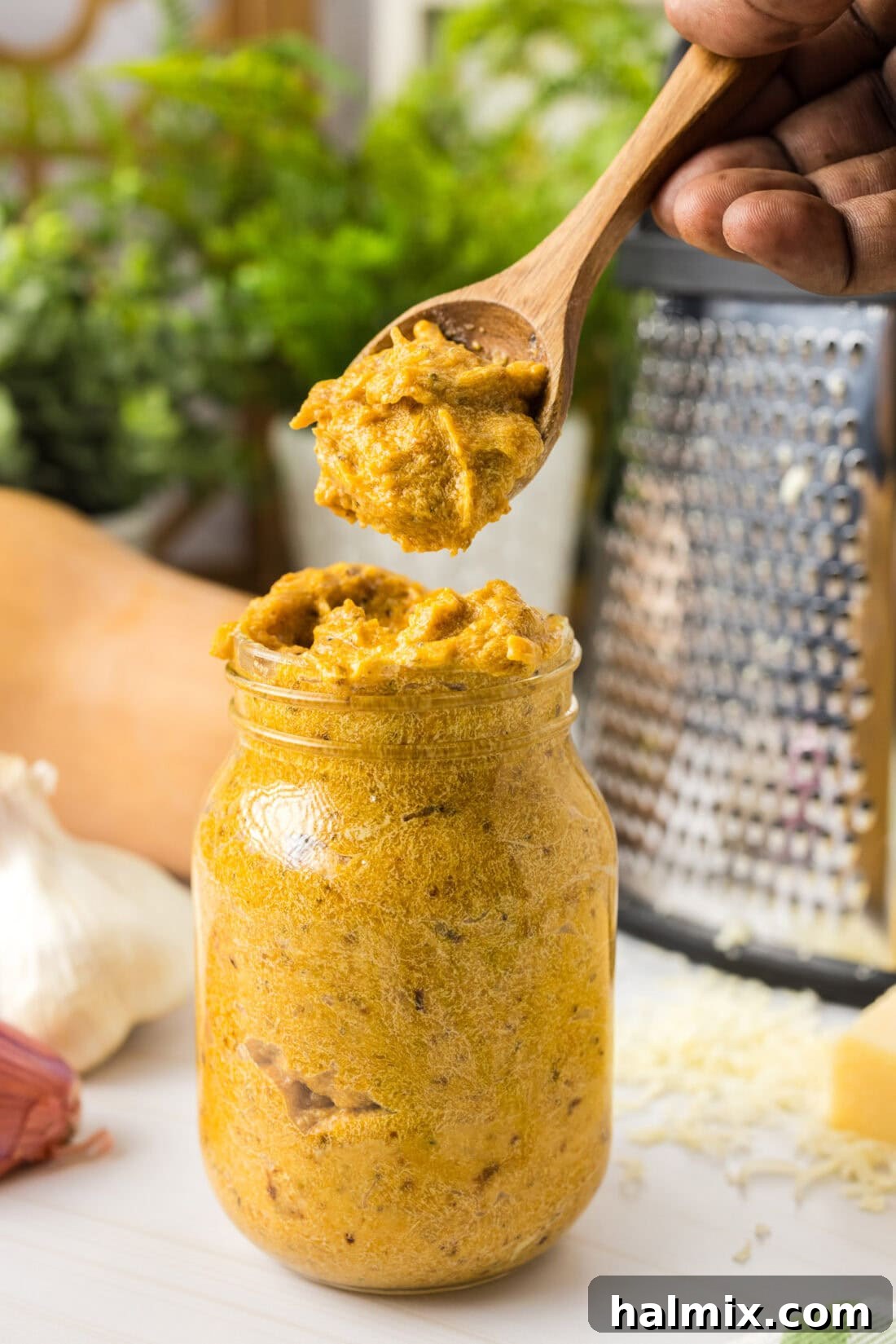 Autumn Glow Butternut Pasta Sauce 5 Spoonful of Butternut Squash Pasta Sauce held above a jar of Butternut Squash Pasta Sauce