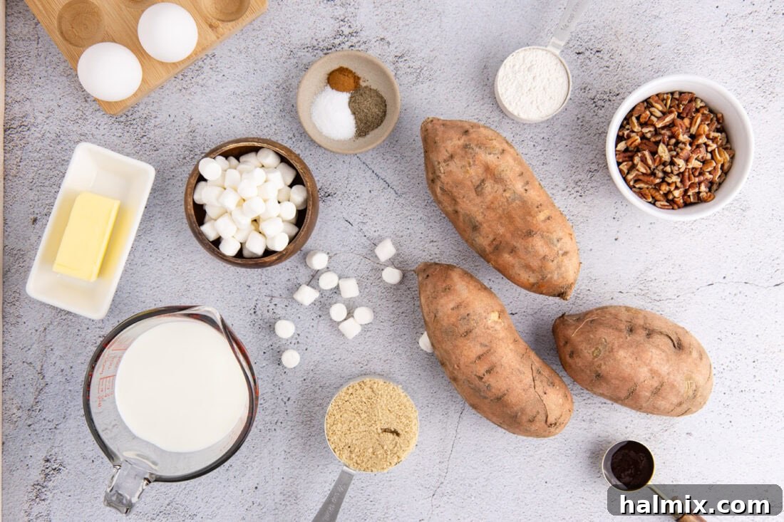 Heavenly Sweet Potato Bake 4 Ingredients for Sweet Potato Casserole laid out on a table