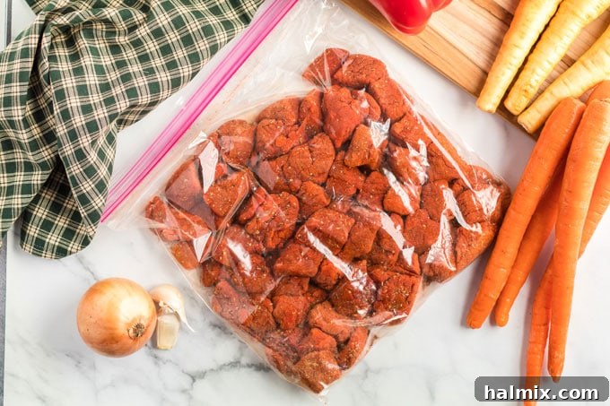 cubed beef in a bag with seasonings