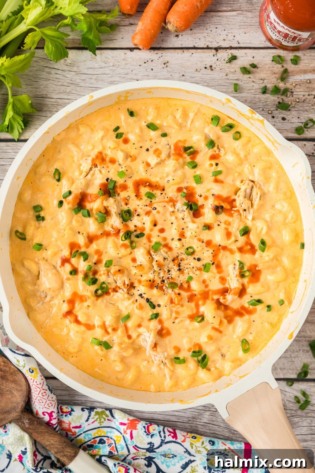 Skillet of Buffalo Chicken Mac and Cheese