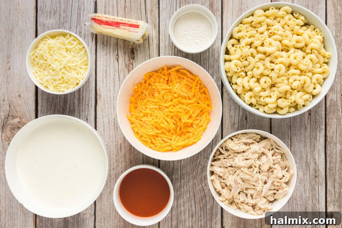 Ingredients for Buffalo Chicken Mac and Cheese