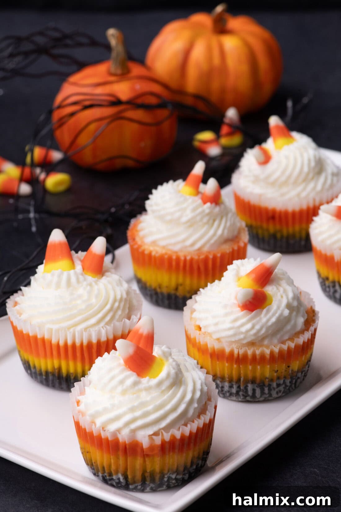 Spooky Sweet Candy Corn Cheesecake Minis 2 Mini Candy Corn Cheesecakes on a white platter with pumpkins in the background, showcasing vibrant yellow, orange, and white layers.