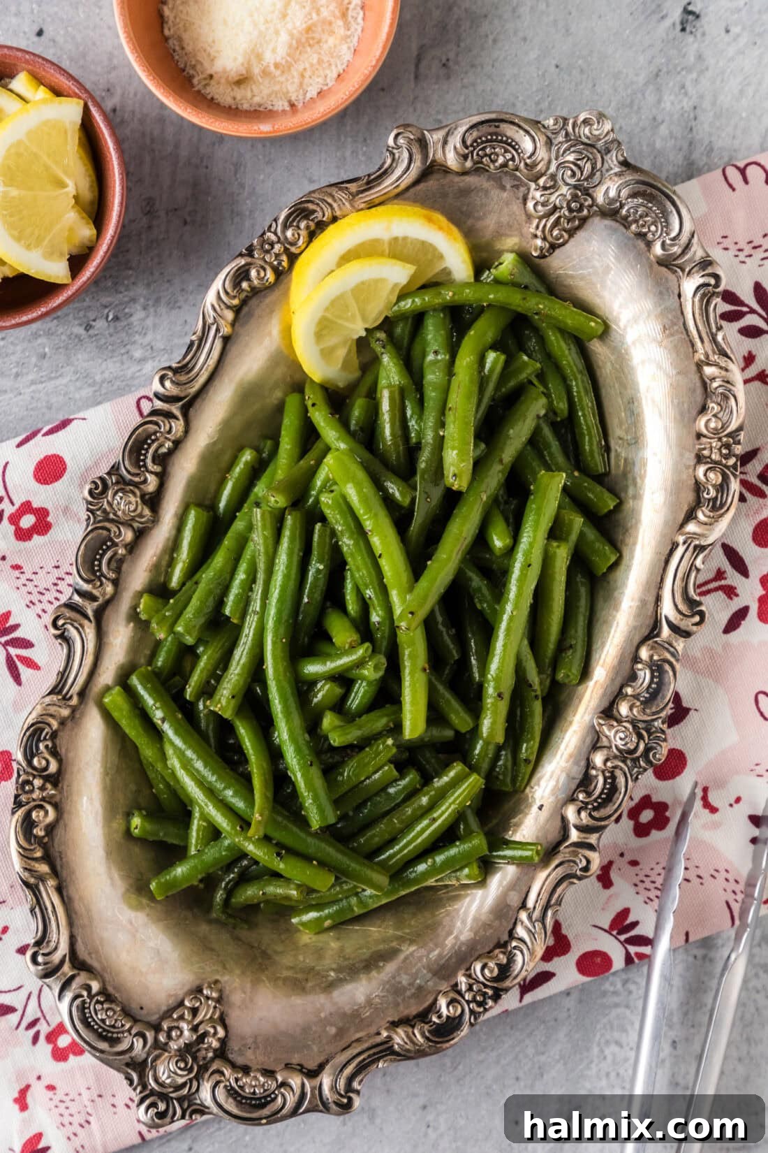 Quick and Perfect Instant Pot Green Beans 3 A serving platter filled with glistening Instant Pot Green Beans, seasoned and ready for the table.