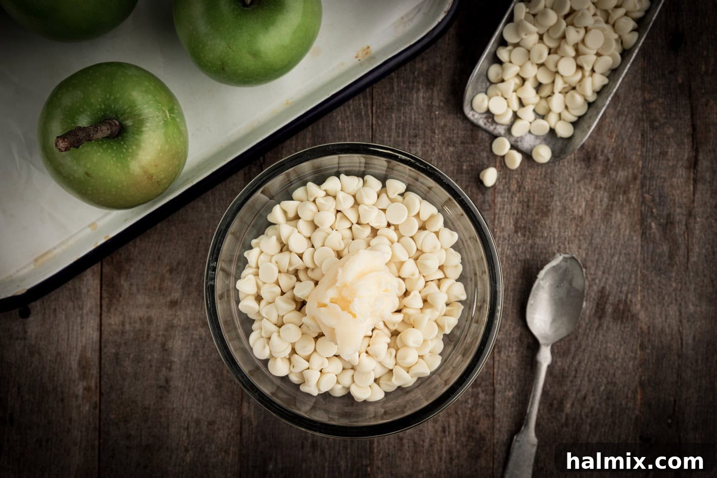white chocolate chips in a bowl with shortening