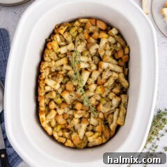Close up photo of Crockpot Stuffing in a crockpot